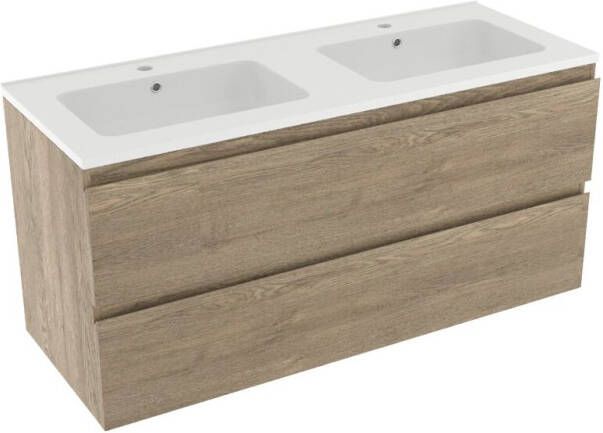 Linie Lado zwevend badmeubel 120 x 46 cm grijs eiken met Vano dubbele wastafel in mat composiet marmer