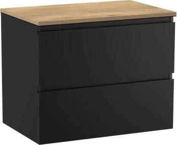 Linie Lado zwevend badmeubel 70 x 46 cm mat zwart met Lado enkel wastafelblad in melamine naturel eiken