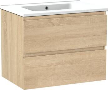 Linie Lado zwevend badmeubel 70 x 46 cm wit eiken met Vano enkele wastafel in mat composiet marmer