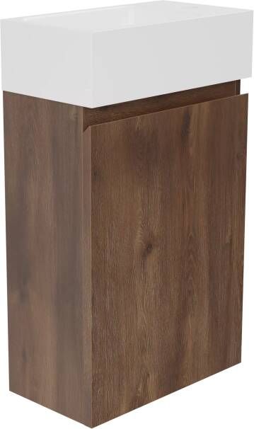 Linie Lado zwevend toiletmeubel 40 x 22 cm bruin eiken met Vano wastafel in glanzend composiet marmer