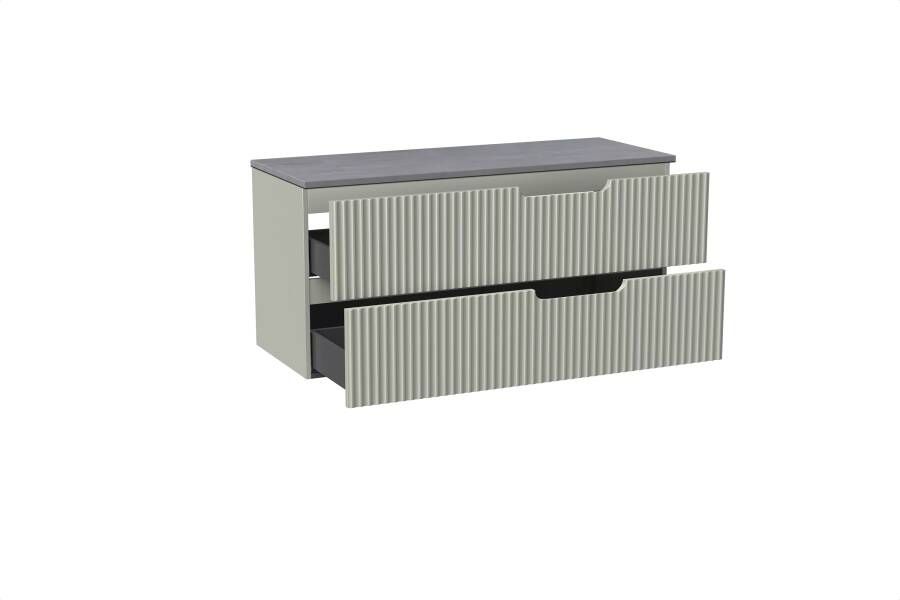 Linie Ribbo zwevend badmeubel 120 x 46 cm greige met Lado enkel of dubbel wastafelblad in melamine beton donkergrijs Verticale symmetrische ronde ribbel