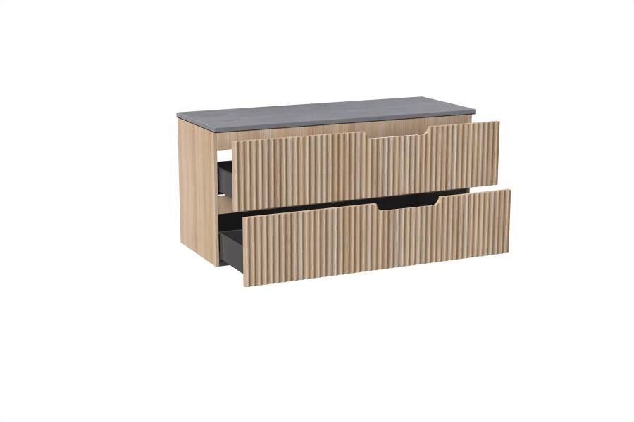 Linie Ribbo zwevend badmeubel 120 x 46 cm licht eiken met Lado enkel of dubbel wastafelblad in melamine beton donkergrijs Verticale symmetrische ronde ribbel