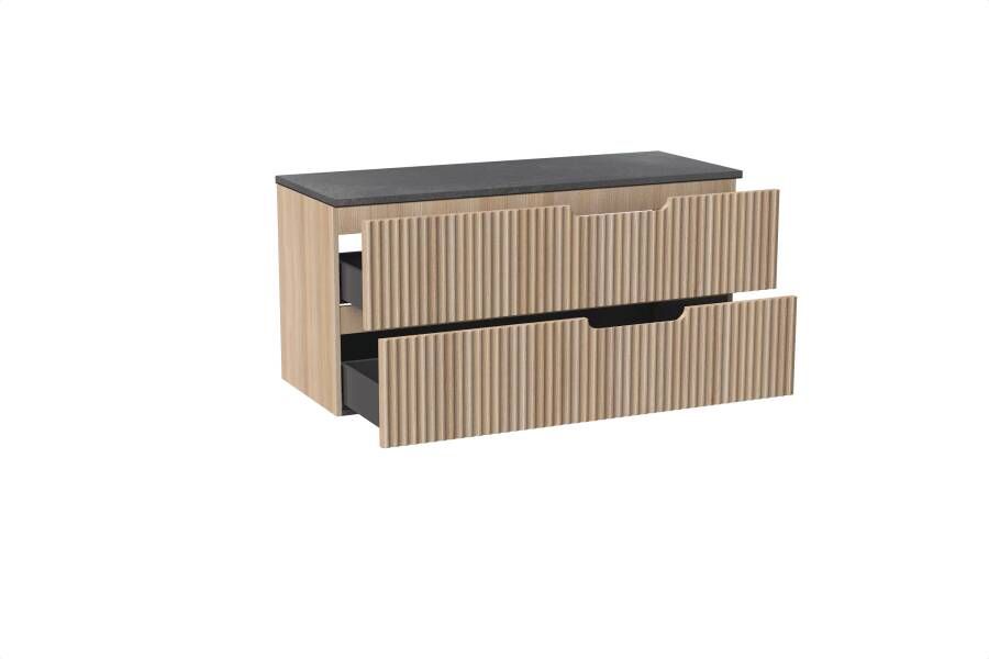 Linie Ribbo zwevend badmeubel 120 x 46 cm licht eiken met Lado enkel of dubbel wastafelblad in melamine grijze leisteen Verticale symmetrische ronde ribbel