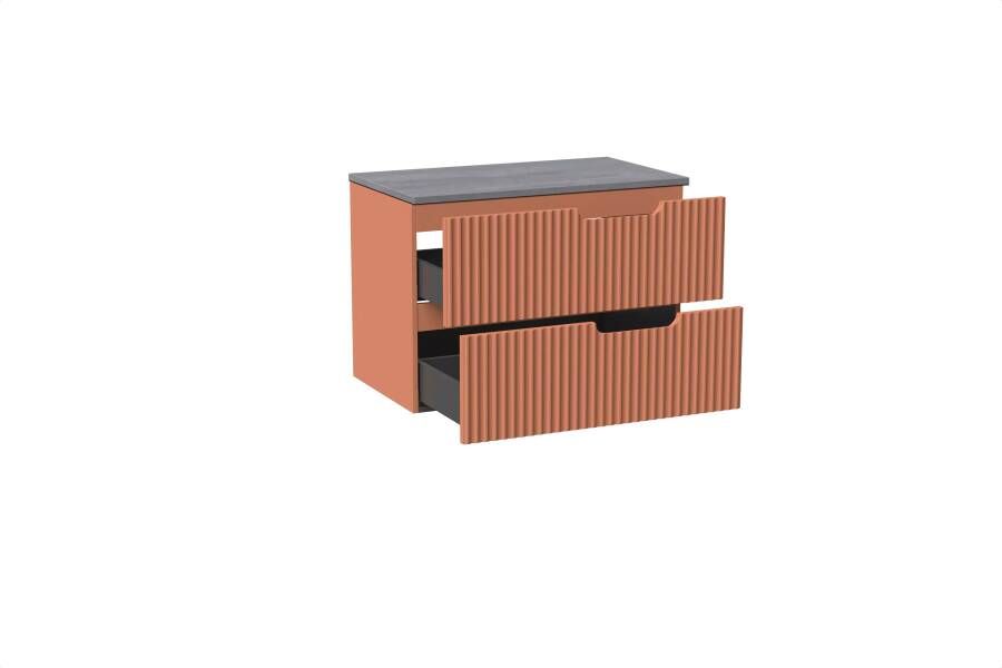 Linie Ribbo zwevend badmeubel 80 x 46 cm cotto met Lado enkel wastafelblad in melamine beton donkergrijs Verticale symmetrische ronde ribbel
