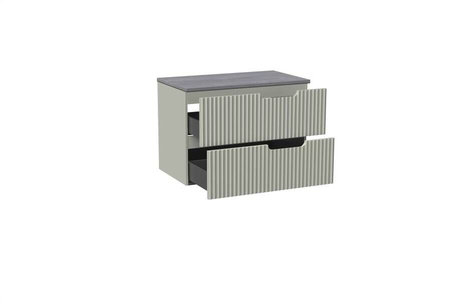 Linie Ribbo zwevend badmeubel 80 x 46 cm greige met Lado enkel wastafelblad in melamine beton donkergrijs Verticale symmetrische ronde ribbel