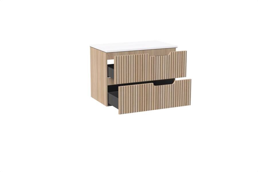 Linie Ribbo zwevend badmeubel 80 x 46 cm licht eiken met Lado enkel wastafelblad in composietmarmer hoogglans wit Verticale symmetrische ronde ribbel