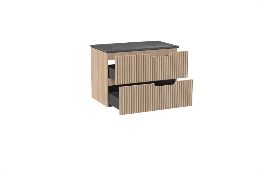 Linie Ribbo zwevend badmeubel 80 x 46 cm licht eiken met Lado enkel wastafelblad in melamine grijze leisteen Verticale symmetrische ronde ribbel