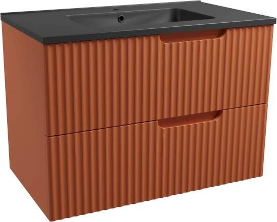 Linie Ribbo zwevend badmeubel 80 x 46 cm cotto met Vano enkele wastafel in composietmarmer mat zwart Verticale symmetrische ronde ribbel