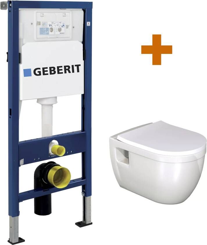 Linie Tempo hangend toilet en luxe wc-bril hoogglans wit randloos met Geberit Duofix inbouwreservoir