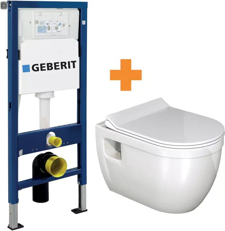 Linie Tempo hangend toilet hoogglans wit randloos met Geberit Duofix inbouwreservoir