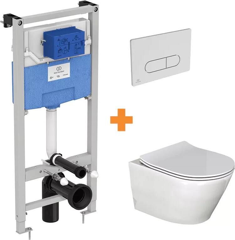 Luca Varess Calibro hangend toilet en fino wc-bril hoogglans wit randloos met inbouwreservoir en gratis Ideal Standard Oleas M1 mat chroom bedieningspaneel