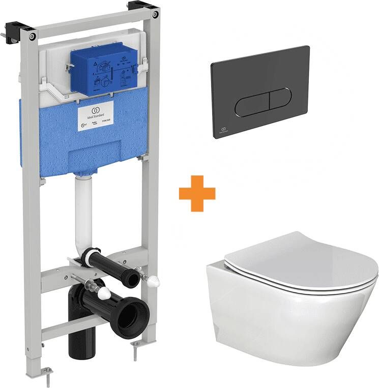 Luca Varess Calibro hangend toilet en fino wc-bril hoogglans wit randloos met inbouwreservoir en gratis Ideal Standard Oleas M1 mat zwart bedieningspaneel