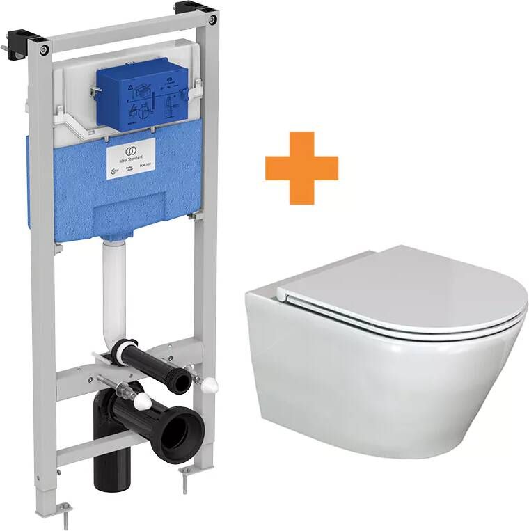 Luca Varess Calibro hangend toilet en finolisso wc-bril hoogglans wit randloos met Ideal Standard ProSys inbouwreservoir