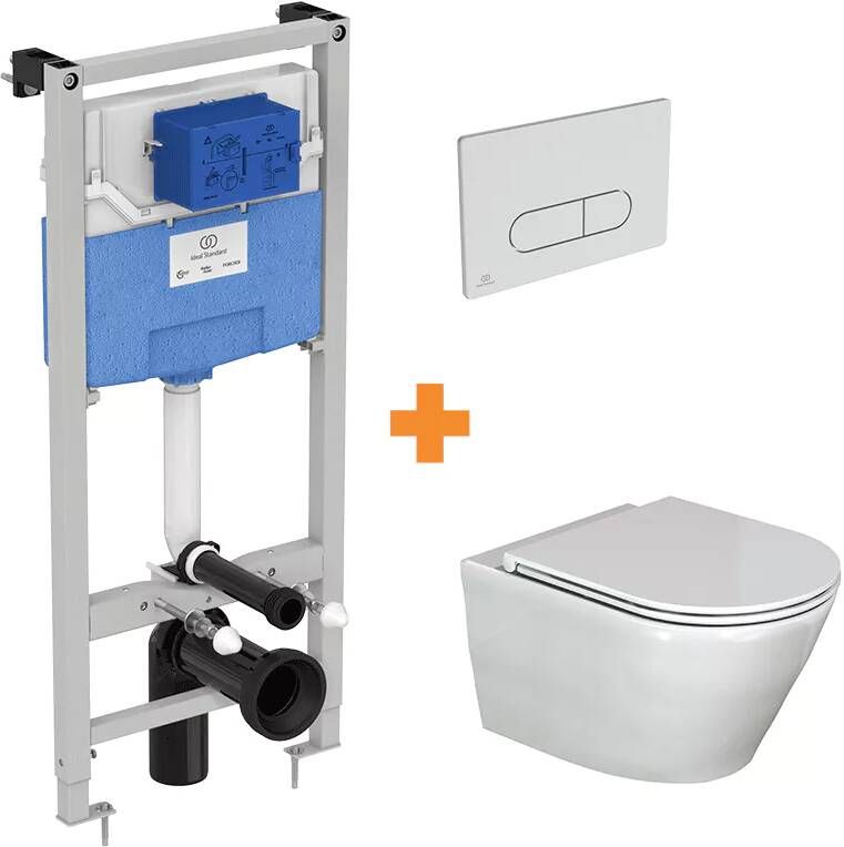 Luca Varess Calibro hangend toilet en finolisso wc-bril hoogglans wit randloos met inbouwreservoir en gratis Ideal Standard Oleas M1 mat chroom bedieningspaneel