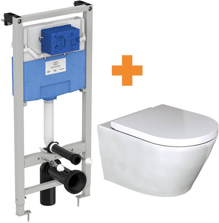 Luca Varess Calibro hangend toilet en medio wc-bril hoogglans wit randloos met Ideal Standard ProSys inbouwreservoir