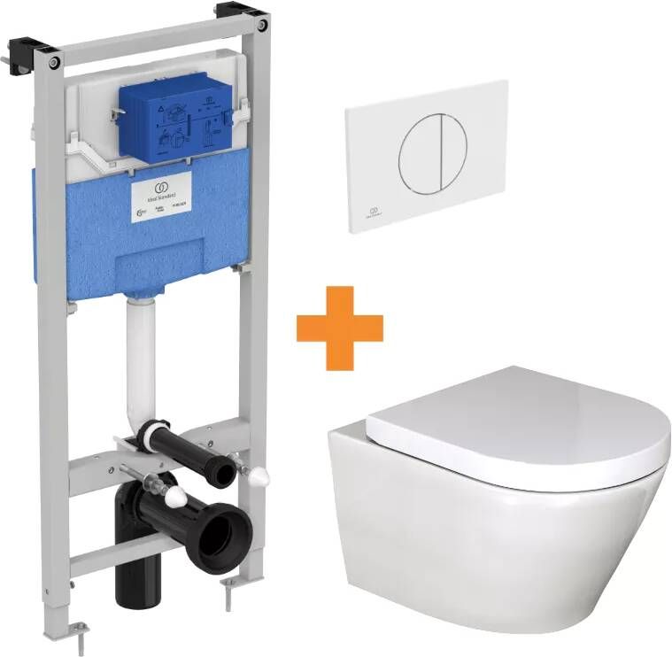 Luca Varess Calibro hangend toilet hoogglans wit met spoelrand en gratis Ideal Standard Oleas M5 mat wit bedieningspaneel