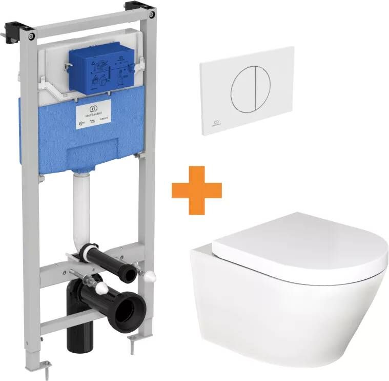 Luca Varess Calibro hangend toilet en medio wc-bril hoogglans wit randloos met inbouwreservoir en gratis Ideal Standard Oleas M2 glanzend wit bedieningspaneel