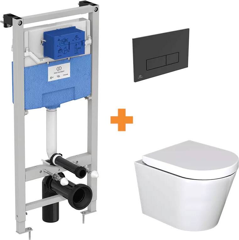 Luca Varess Spirello hangend toilet hoogglans wit randloos met inbouwreservoir en gratis Ideal Standard Oleas M2 mat zwart bedieningspaneel
