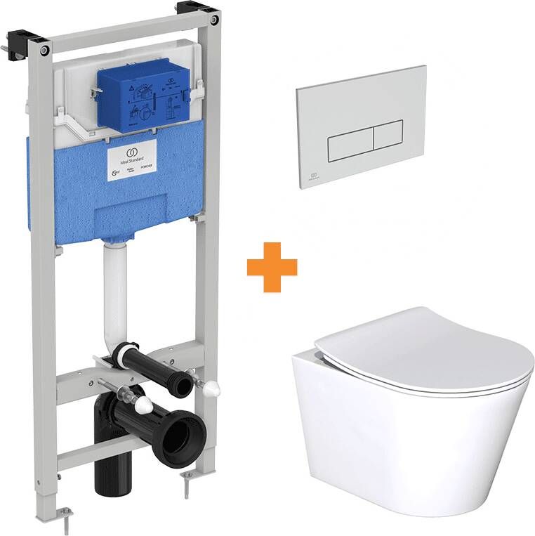 Luca Varess Spirello hangend toilet mat wit randloos met inbouwreservoir en gratis Ideal Standard Oleas M2 mat chroom bedieningspaneel