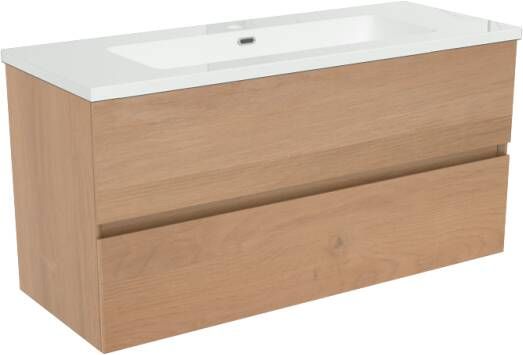 Storke Edge zwevend badkamermeubel 100 x 40 cm ruw eiken met Diva enkele wastafel in glanzend composiet marmer