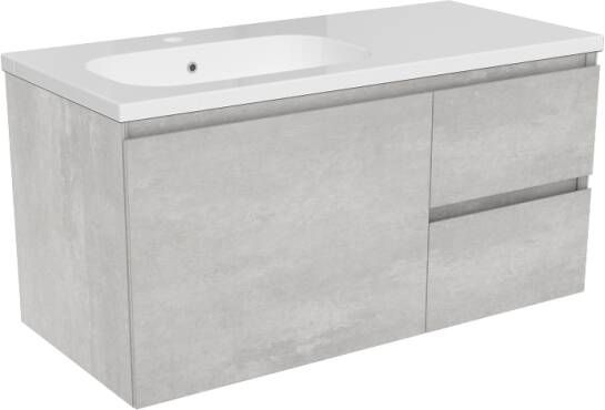 Storke Edge zwevend badkamermeubel 100 x 46 cm beton zilvergrijs met Planza asymmetrisch linkse wastafel in glanzend composiet marmer