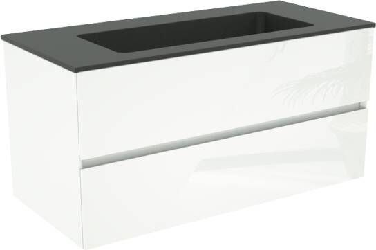 Storke Edge zwevend badkamermeubel 100 x 46 cm hoogglans wit met Scuro enkele wastafel voor 2 kraangaten in mat kwarts