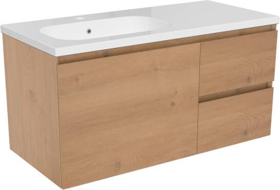 Storke Edge zwevend badkamermeubel 100 x 46 cm ruw eiken met Planza asymmetrisch linkse wastafel in glanzend composiet marmer