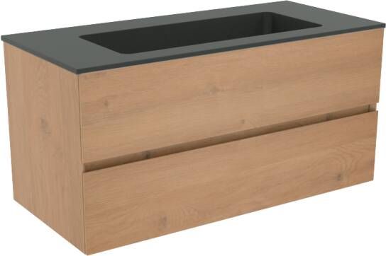 Storke Edge zwevend badkamermeubel 100 x 46 cm ruw eiken met Scuro enkele wastafel voor 2 kraangaten in mat kwarts