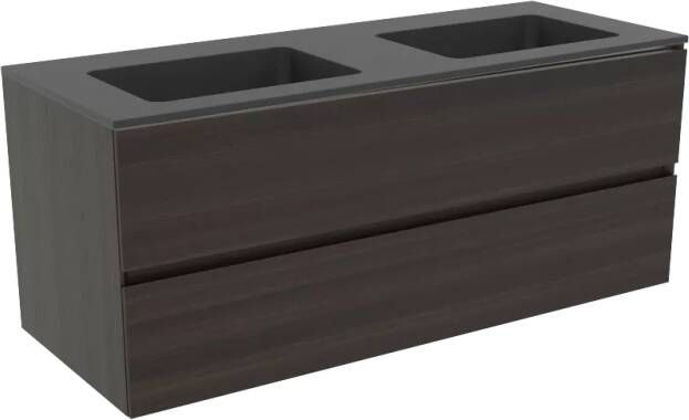 Storke Edge zwevend badkamermeubel 120 x 46 cm donkere eiken met Scuro dubbele wastafel in mat kwarts