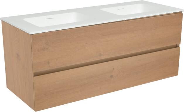 Storke Edge zwevend badkamermeubel 120 x 46 cm ruw eiken met Mata dubbele wastafel in matte Solid Surface