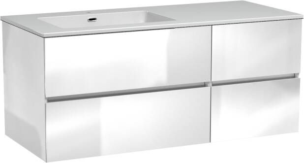 Storke Edge zwevend badkamermeubel 120 x 52 cm hoogglans wit met Diva asymmetrisch linkse wastafel in glanzend composiet marmer