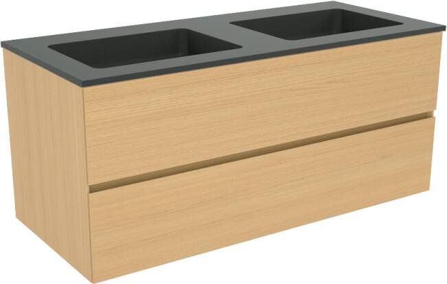 Storke Edge zwevend badkamermeubel 120 x 52 cm naturel eiken met Scuro enkele wastafel voor 2 kraangaten in mat kwarts