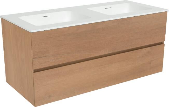 Storke Edge zwevend badkamermeubel 120 x 52 cm ruw eiken met Mata enkele wastafel voor 2 kraangaten in matte Solid Surface