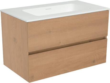 Storke Edge zwevend badkamermeubel 80 x 46 cm ruw eiken met Mata enkele wastafel in matte Solid Surface