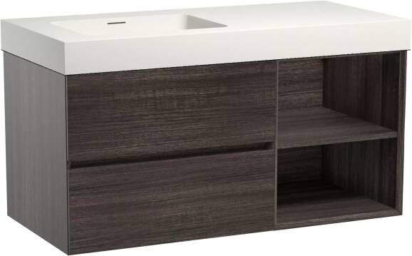 Storke Edge zwevend badmeubel 110 x 52 cm donkere eiken met Mata High asymmetrisch linkse wastafel in mat witte solid surface