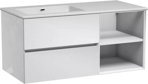 Storke Edge zwevend badmeubel 110 x 52 cm mat wit met Diva asymmetrisch linkse wastafel in glanzend composiet marmer