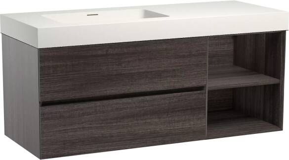 Storke Edge zwevend badmeubel 130 x 52 cm donkere eiken met Mata High asymmetrisch linkse wastafel in mat witte solid surface