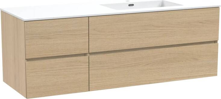 Storke Edge zwevend badmeubel 150 x 52 cm naturel eiken met Diva asymmetrisch rechtse wastafel in glanzend composiet marmer