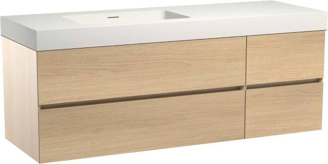 Storke Edge zwevend badmeubel 150 x 52 cm naturel eiken met Mata High asymmetrisch linkse wastafel in mat witte solid surface