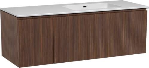 Storke Ribs zwevend badmeubel 140 x 52 cm notenhout met Diva asymmetrisch rechtse wastafel in composietmarmer hoogglans wit Verticale symmetrische rechte ribbel