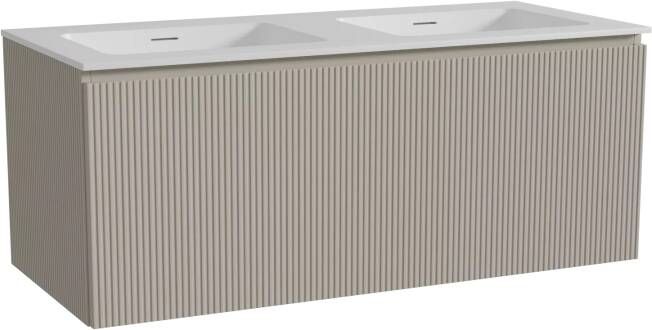 Storke Ribs zwevend badmeubel 120 x 52 cm zijdegrijs met Mata dubbele wastafel in solid surface mat wit Verticale symmetrische rechte ribbel