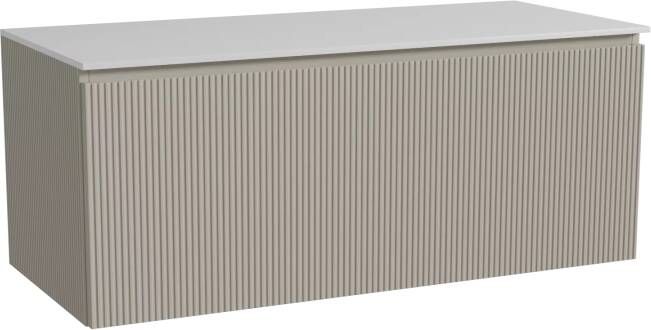 Storke Ribs zwevend badmeubel 120 x 52 cm zijdegrijs met Tavola enkel of dubbel wastafelblad in solid surface mat wit Verticale symmetrische rechte ribbel