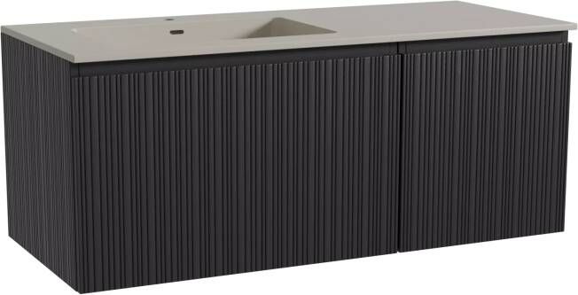 Storke Ribs zwevend badmeubel 120 x 52 cm zwart eiken met Diva asymmetrisch linkse wastafel in top solid zijdegrijs Verticale asymmetrische rechte ribbel