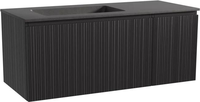 Storke Ribs zwevend badmeubel 120 x 52 cm zwart eiken met Scuro asymmetrisch linkse wastafel in kwarts mat zwart Verticale asymmetrische rechte ribbel