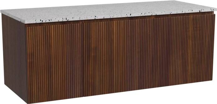 Storke Ribs zwevend badmeubel 130 x 52 cm notenhout met Tavola enkel of dubbel wastafelblad in mat wit zwart terrazzo Verticale symmetrische rechte ribbel
