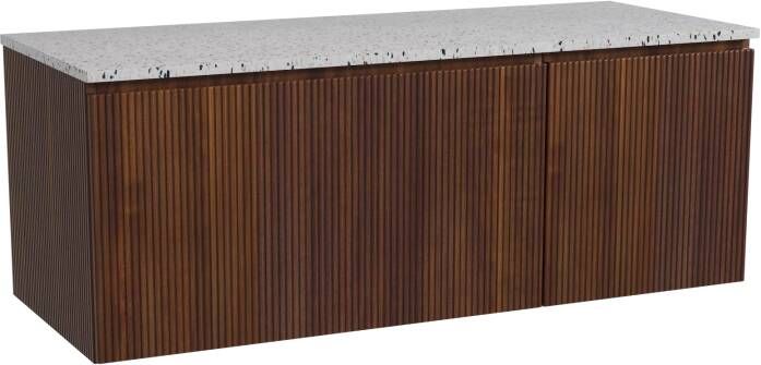 Storke Ribs zwevend badmeubel 130 x 52 cm notenhout met Tavola enkel of dubbel wastafelblad in mat wit zwart terrazzo Verticale symmetrische rechte ribbel