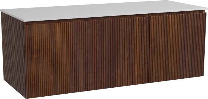 Storke Ribs zwevend badmeubel 130 x 52 cm notenhout met Tavola enkel of dubbel wastafelblad in solid surface mat wit Verticale symmetrische rechte ribbel