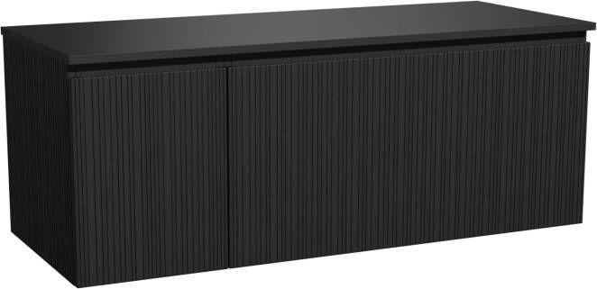 Storke Ribs zwevend badmeubel 130 x 52 cm zwart eiken met Panton enkel of dubbel wastafelblad in gepoedercoate mdf mat zwart Verticale asymmetrische rechte ribbel