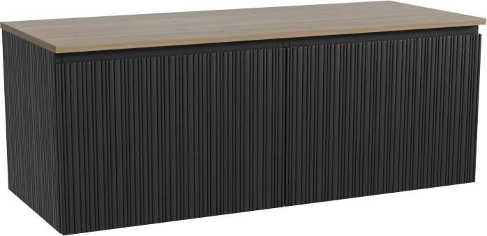 Storke Ribs zwevend badmeubel 130 x 52 cm zwart eiken met Panton enkel of dubbel wastafelblad in melamine ruw eiken Verticale asymmetrische rechte ribbel