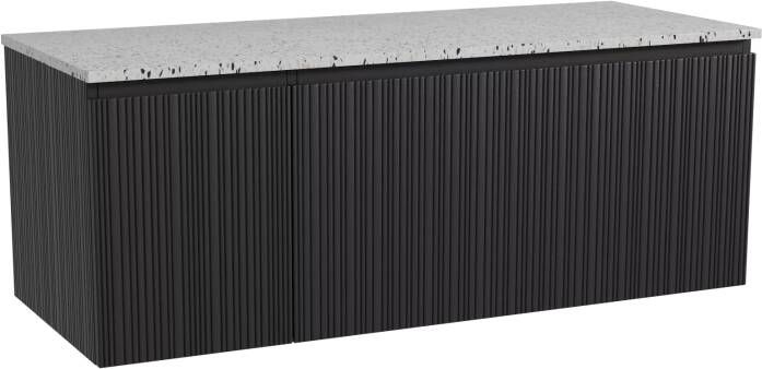 Storke Ribs zwevend badmeubel 130 x 52 cm zwart eiken met Tavola enkel of dubbel wastafelblad in mat wit zwart terrazzo Verticale asymmetrische rechte ribbel